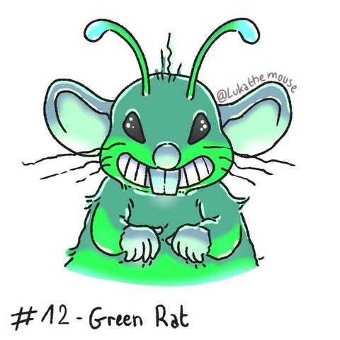 Drawing of a alien-like rat: they have big antennas on top of their head, large ears on the side, triangular eyes, a round nose, a very big front teeth and a large grinning toothy smile. They are green with a lighting coming from below.