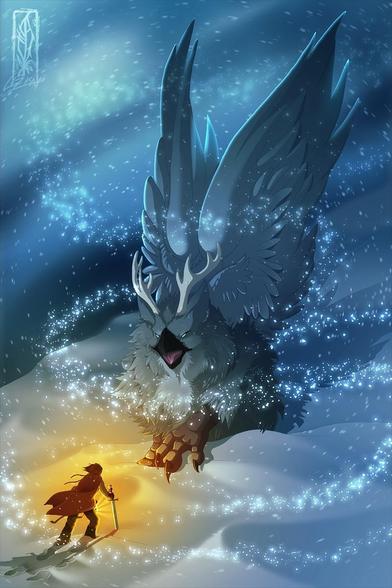 Huge gryphon with antlers in a snowstorm approached by a warrior with a lantern, book cover artwork