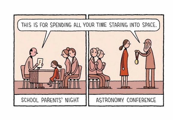 The first panel shows a parent-teacher conference ("School Parents' Night") where a teacher is giving a girl's parents a failing F grade for their daughter. 

The second panel shows an "Astronomy Conference" where the same girl, now an adult, is being awarded a medal for her work.