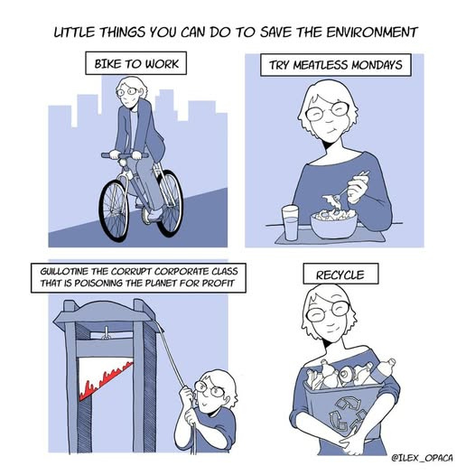 Little Things you can do to save the environment: Bike to Work Try Meatless Mondays Guillotine the corrupt corporate class that is poisoning the planet for profit Recycle @ILEX_OPACA