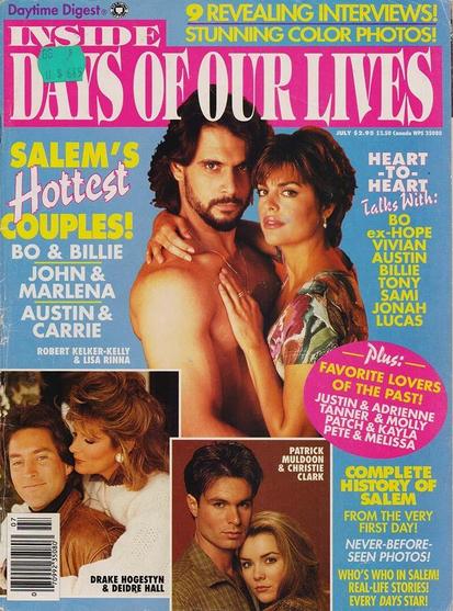 Cover of Inside Days of Our Lives, July 1994 issue. Central image features Robert Kelker Kelly shirtless, embracing Lisa Rinna, both looking directly at the camera. Smaller photos show other cast members including Deidre Hall and Drake Hogestyn. Headlines highlight “Salem’s Hottest Couples,” “9 Revealing Interviews,” and “Complete History of Salem.” The layout is bold and colorful, capturing the glamour and heat of 90s daytime TV. Emotional tone is dramatic and celebratory.