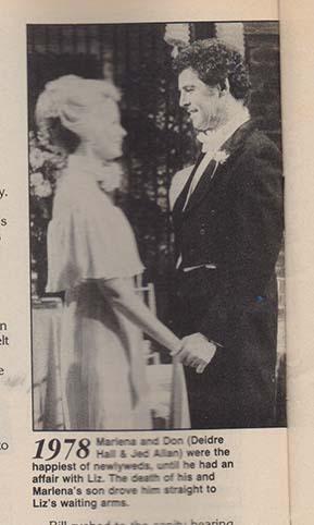 Black-and-white photo of Deidre Hall and Jed Allan as Marlena and Don during their 1978 wedding on Days of Our Lives. Deidre wears a light-colored dress with her hair styled in an elegant updo. Jed wears a dark suit with a boutonniere. They hold hands and gaze at each other tenderly. Caption below details their storyline, including Don’s affair and the tragic loss of their son. The tone is nostalgic and bittersweet, reflecting the emotional depth of early Days storylines.