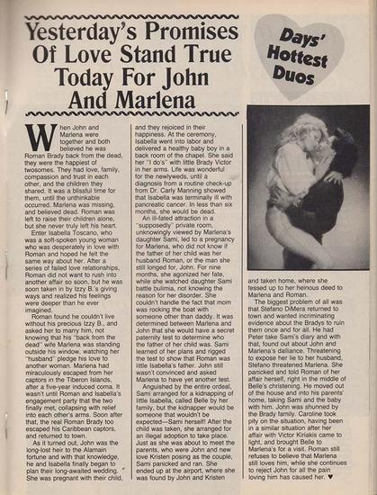 Magazine article titled “Yesterday’s Promises Of Love Stand True Today For John And Marlena,” featuring a black-and-white promo photo of Deidre Hall and Drake Hogestyn embracing and kissing. Deidre wears a soft blouse, her hair styled in voluminous waves, while Drake holds her close in a suit. The circular label reads “Days’ Hottest Duos.” The article recounts their affair, Marlena’s presumed death, dramatic returns, and emotional reunions. The tone is romantic and intense, celebrating their legacy as Days of Our Lives icons.