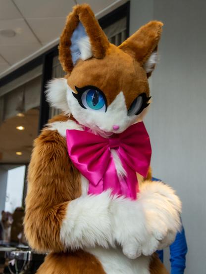 A cat fursuit wearing a bow
