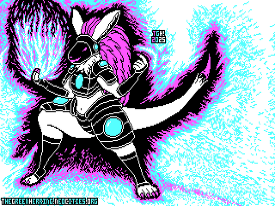 Rendered through four-color pixel art in a high-contrast palette, a protogen, a cyborg alien, in black armor stands poised to fight with a blazing aura flame in one hand, challenging the viewer to approach them with the other. Their hair explodes from the back of their head in a wild stalk, and the molded display that is their visor face shows a confident smirk. Their ears are long and pointed, furred within. Their black armor is dotted with big, bright gemstones implying the power that they carry; and their fingers and toes are tipped with sharp claws. They are wide-hipped with powerful legs, and their tail sweeps back behind them with the fur withered away at the end to reveal its metallic interior, ending in a massive claw. Their surroundings are lit up with a burning aura radiating from the protogen, that is pushed away by their fireball and their beckoning hand.