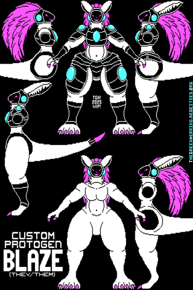 A four-color CGA pixelart design sheet for Blaze the Protogen, they/them, a custom protogen design. They are wide-hipped with thick legs, their fingers end in sharp claws, and their long tail ends in an exposed metal rod tipped with a huge claw. They wear black armor that exposes their midriff, inner thighs and forelegs, with big bright gemstones embedded inside to imply power, as well as black gloves and toeless socks. Their ears are long and fennec-esque, and their hair comes out in a long, thick stalk. Their visor face is black and displays simple shapes implying a self-satisified expression. They stand in an A-pose facing the viewer, with various side views showing them with and without pauldrons and side armor, as well as the length of their tail. An additional pair of images shows Blaze without their armor, demonstrating their muscular build underneath.