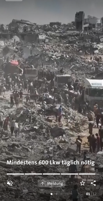 Bilder von einem Convoi aus LKWs und  Menschen, die nach dem letzten Waffenstillstand in die völlig zerstörte Gaza-Stadt zurückkommen. Statt Wohnhäusern sieht man Schuttberge an deren Stelle.