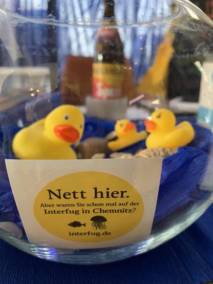 Bild zeigt Fischglas mit drei Plasteenten drin, vorne dran Sticker "Nett hier, aber waren Sie schonmal auf der Interfug in Chemnitz? " Im Hintergrund eine eine Speziflasche.