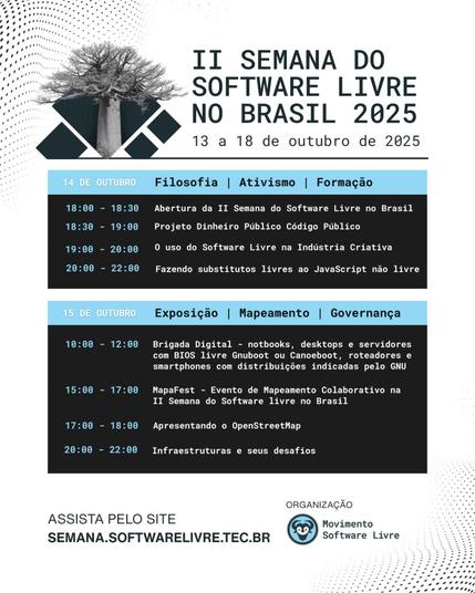 14 de outubro - filosofia, ativismo, formação - 18h Abertura da segunda Semana do Software Livre no Brasil; 18h30min Projeto Dinheiro Público Código Público; 19h O uso do software livre na indústria criativa; 20h Fazendo substitutos livres do JavaScript não livre. 15 de outubro - exposição, mapeamento, governança - 10h Brigada Digital: notebooks, desktops e servidores com BIOS livre GnuBoot ou CanoeBoot, roteadores e smartphones com distribuições indicadas pelo GNU; 15h MapaFest: evento de mapeamento colaborativo; 17h Apresentando o OpenStreetMap; 20h Infraestruturas e seus desafios.