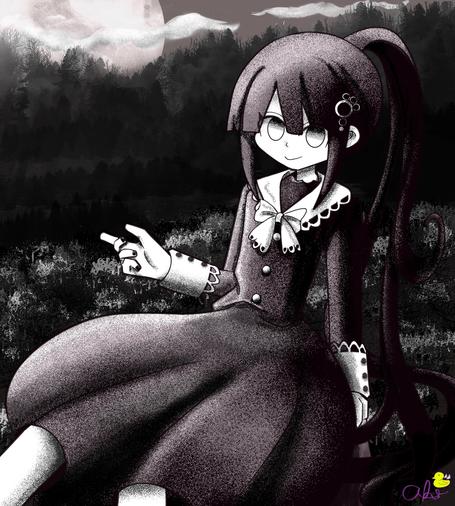 Monochromatic Noir in a forest at night with a moon.