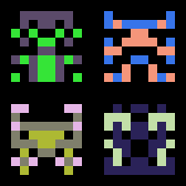 a 2x2 grid of multicolored 8x8 pixel aliens a la space invaders