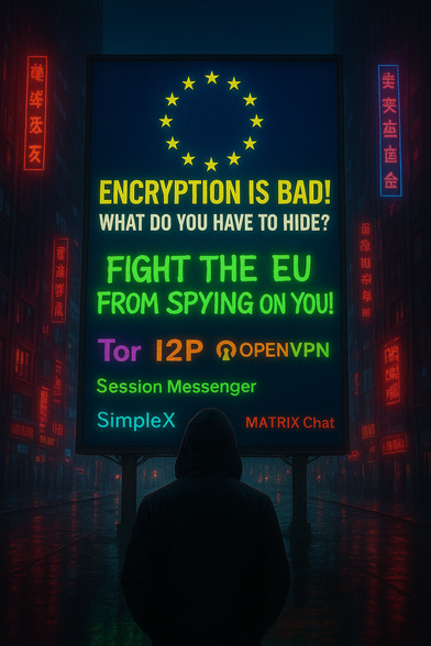 A cyberpunk city at night glows with neon signs reflecting on rain-slick streets. In the foreground, a lone hooded figure faces a massive electronic billboard. The billboard displays an EU flag above bold yellow text declaring “ENCRYPTION IS BAD!” and “WHAT DO YOU HAVE TO HIDE?” Below, neon-green graffiti reads “FIGHT THE EU FROM SPYING ON YOU!” followed by glowing tool names: Tor, I2P, OpenVPN, Session Messenger, SimpleX, and Matrix Chat. Red and blue Chinese signs line the misty skyscrapers in the background, enhancing the dystopian, rebellious mood.