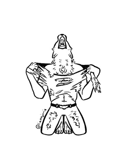 A digital ink drawing of that one image of a werewolf ripping his shirt off
