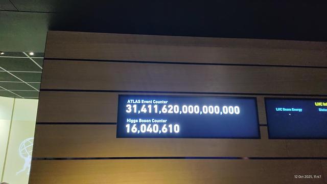 Digital Display showing the ATLAS event counter and Higgs boson counter at CERN 

ATLAS event counter at 31,411,620,000,000,000
Higgs boson counter at 16,040,610