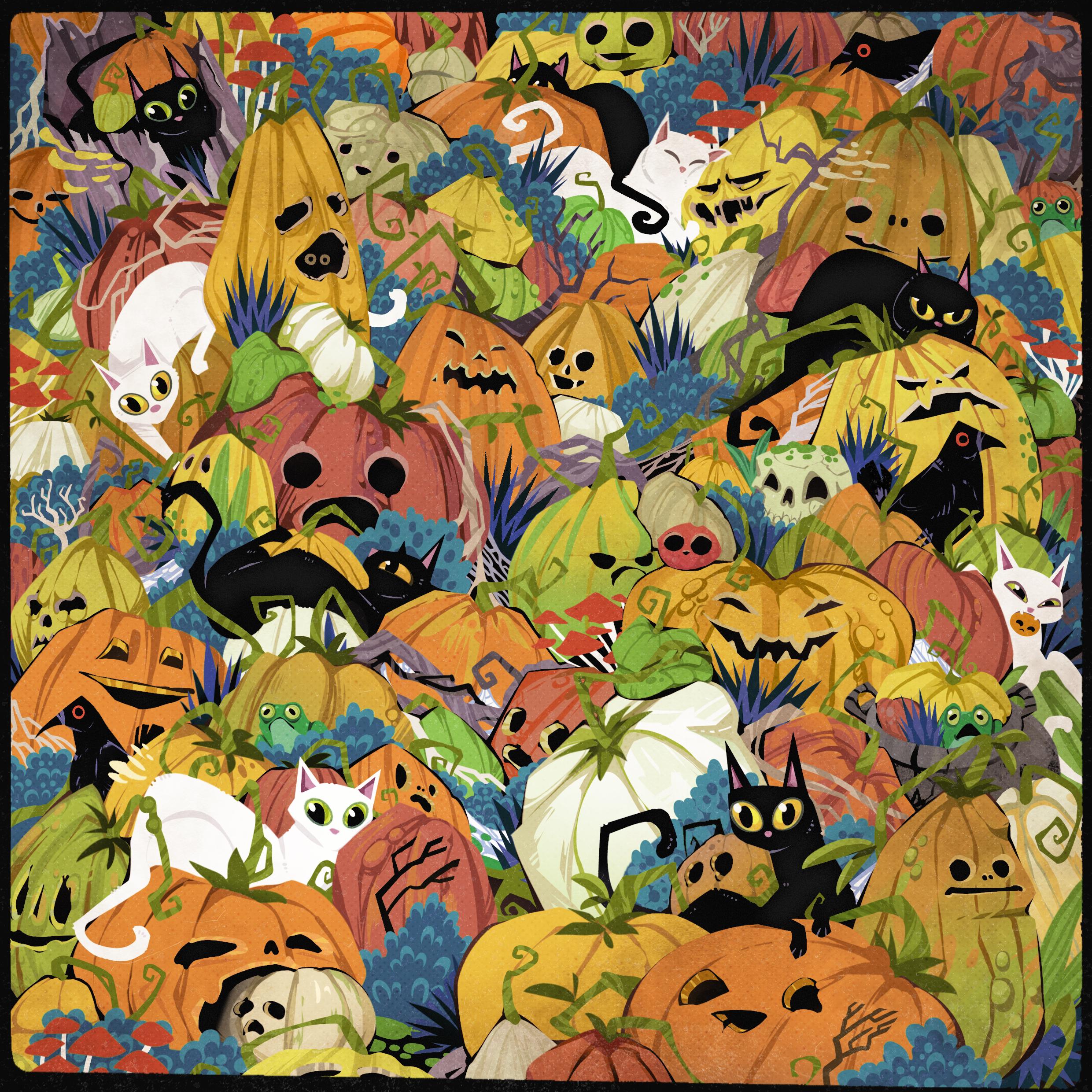 A pumpkin patch in a variety of shapes and colours, some with carved faces with different expressions. Between the pumpkins are black and white cats, crows, frogs, bushes, twigs and mushrooms.