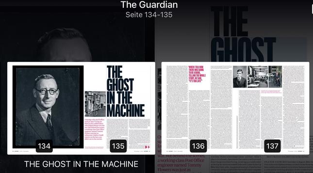 A magazine spread from The Guardian titled "The Ghost in the Machine," featuring an article on the contributions in the early computing era. The layout includes text, images, and a historical photograph of a man wearing glasses