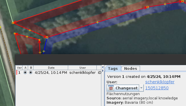 Screenshot aus JOSM, das eine Schweinerei von mir selbst aufdeckt xD