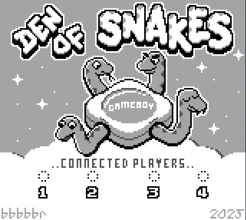 Screenshot of the game title screen with the text Den of Snakes, and a drawing of four snakes emerging from the DMG-07 four player adapter ports. Each snake has a different facial expression