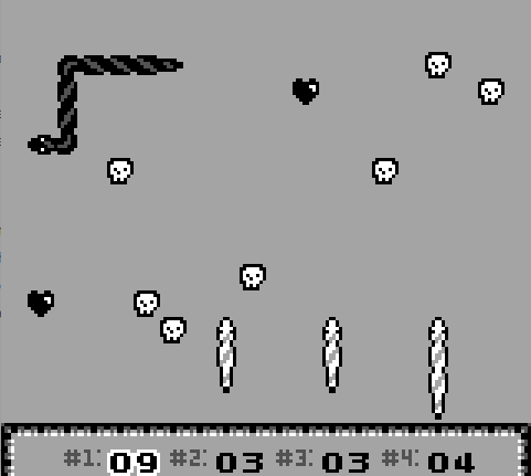 Screenshot of the game with four snakes, three are light colored (other player) and one is black (your player). There are hearts and skulls on the board