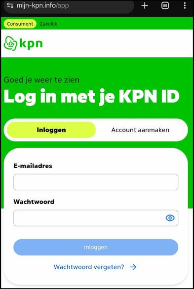 Screenshot van de nepsite
mijn-kpn punt info

Er wordt om een E-mailadres en wachtwoord gevraagd.

Opmerkelijk: geen van de "links" op deze site werken. Dat is een mooie indicatie voor nep, maar op veel nepsites werken vermelde links wel. Nep van echt onderscheiden is vaak erg lastig.