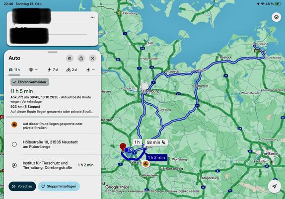 Route zum Hauptstandort Riems. 
Mariensee - Celle - Riems - Stralsund (Hotel) - Riems - Celle - Mariensee. 
923km Strecke und 11h 5min reine Fahrzeit.
Screenshot aus GoogleMaps.