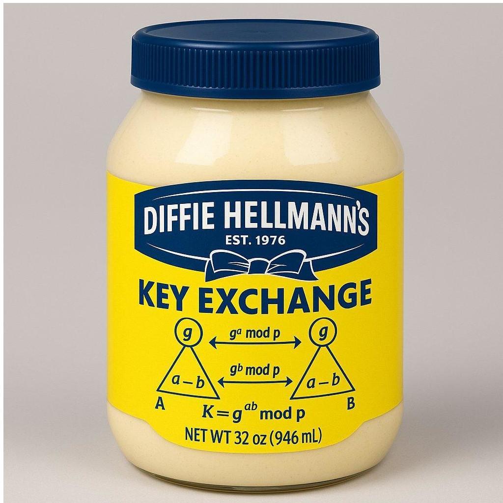 a meme about the Diffie-Hellman (DH) key exchange algorithm and mayonnaise