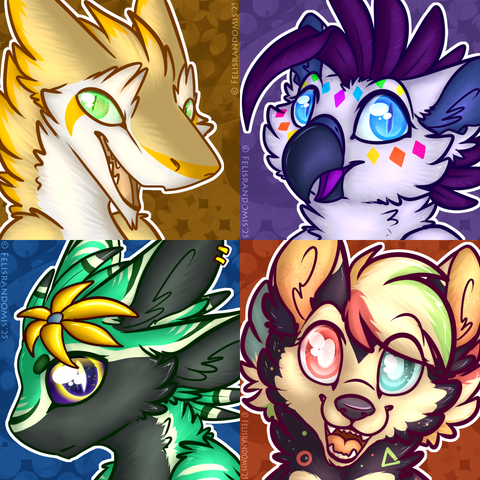 Digital art of four different characters made for icons. A sergal, a gryphon, an avali, and a canine.