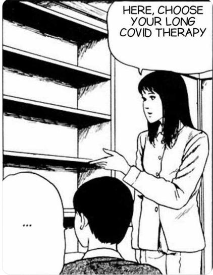 A woman in a business outfit gestures towards empty shelves, saying "Here, choose your Long Covid therapy" to a man seated before her. The scene has a comic style, emphasizing a bleak sense of choice.