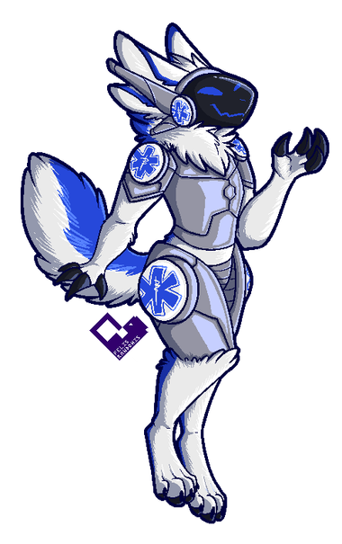 Digital art of a protogen character done in pixel art style in a general floating pose