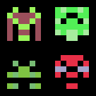 a 2x2 grid of multicolored 6x6 pixel aliens a la space invaders