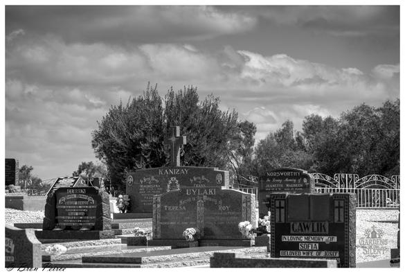 A black and white photo of a cemetery under a dramatic, cloudy sky. Several headstones are visible.

A large, dense bush or tree stands behind the central headstone, obscuring some of the background. The foreground graves are covered in small stones.

The bottom left corner is signed "© Bron Peirce".