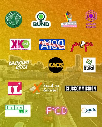 Logos der Bündnispartner*innen bei A100 wegbassen am 18.10.25