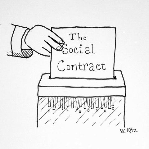A drawing showing a hand holding a piece of paper going into a shredder. On the paper is written "The Social Contract."