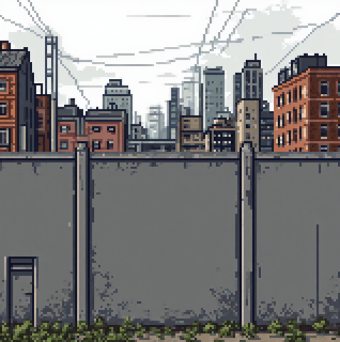 A cityscape with a gray wall in the foreground, featuring a mix of tall buildings and shorter structures, set against a cloudy sky.