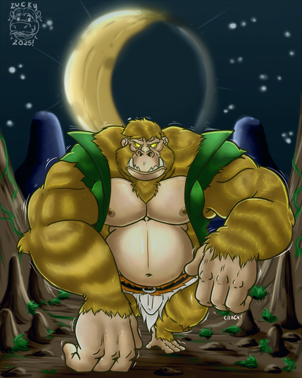 Dugun exploration thought the Canyon take Epic proportion as the Moon look and felt more different than ever. Upon looking at it, he could feel his heart bumping loudly against his chest, his muscles tensing, his mind getting foggy, something is happening and have triggered a shift on his body.
At the Rythm of his beating his chest start to expand, his pectorals grew bigger, his belly expanded, legs shortened and get stubbier while his arms grew bigger, muscular and thickier with his Hand growing almost twice his size. The moon is calling him to a savage felling he haven't felt before. Once the shift end, just a Savage Gorilla have take it's place.