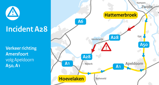 Incident A28. Verkeer richting Amersfoort volg Apeldoorn over de A50 en A1, vanaf knooppunt Hattemerbroek