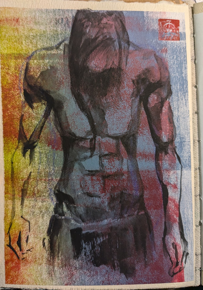 a rainbow printed paper, with a very muscular person painted on it, looking down, hair hanging in front of their also very muscly chest