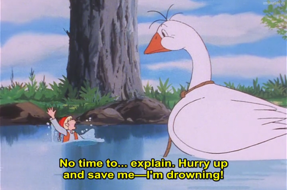 A goose staring at a small shrunken boy who is drowning and asking for help.