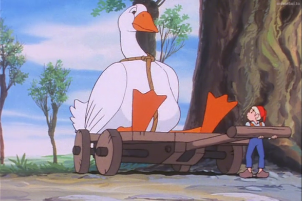 A goose sitting on a wagon and making the shrunken boy pull the wagon forward.