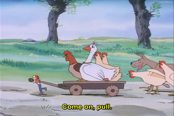 The boy being forced to pull the wagon, which a goose, a rooster and two hens are riding. Two more hens and a dog are chasing behind.