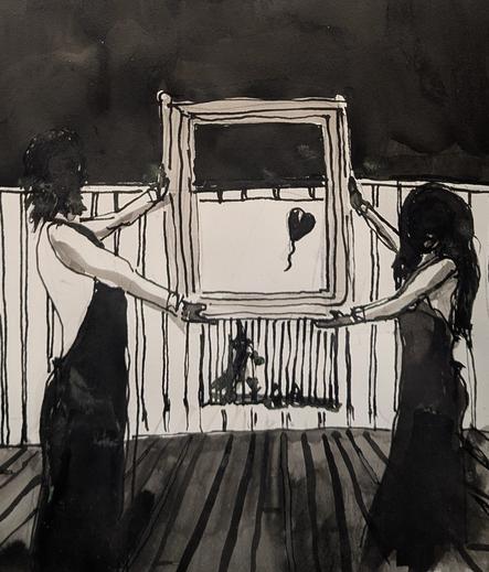 The Scene at the auction where Banksy's painting self-destructed after IT was sold. To aides, a man and a Woman, in aprons hold the painting at it's frame. The lower half is shredded. The shredded Image is my inktober Submission from the day before Yesterday, a witch taking Off on a broomstick, but Here she follows Banksy's Heart shaped Balloon instead of a raven...