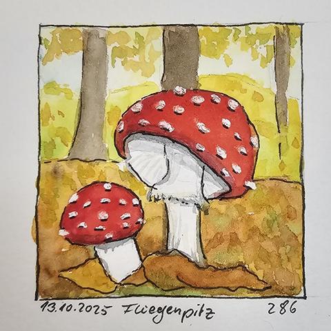 Aquarellskizze: Ein großer und ein kleiner Fliegenpulz stehen in einem lichtdurchfluteten Park im goldgelben Herbstlaub