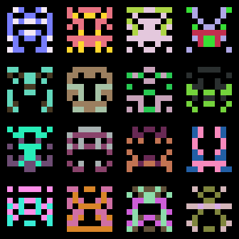 a 4x4 grid of multicolored 8x8 pixel aliens a la space invaders