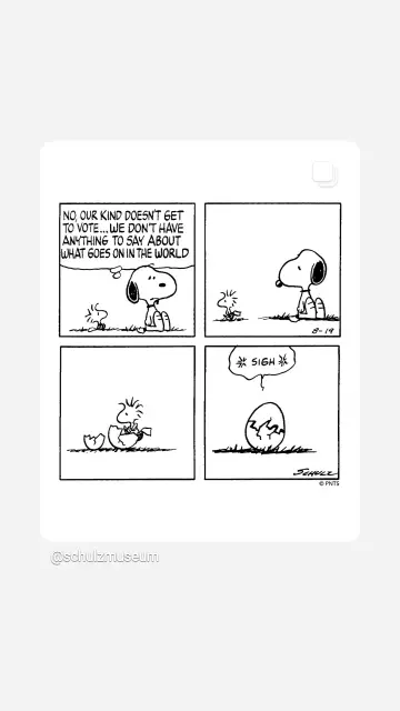 Vierteiliger Snoopycartoon.
1. Snoopy seufzt laut: no, our kind doesn't get to vote... We don't have anything to say about what goes in the world. Neben ihm sitzt Woodstock und hört zu.
2. Woodstock läuft von Snoopy weg.
3. Woodstock klettert in das Ei zurück, aus dem er geschlüpft war.
4. Aus dem wieder geschlossenen Ei ist ein lauter Seufzer zu vernehmen.