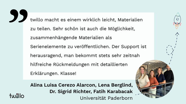 twillo-Template Testimonial: "twillo macht es einem wirklich leicht, Materialien zu teilen. Sehr schön ist auch die Möglichkeit, zusammenhängende Materialien als Serienelemente zu veröffentlichen. Der Support ist herausragend, man bekommt stets sehr zeitnah hilfreiche Rückmeldungen mit detaillierten Erklärungen. Klasse!" von Alina Luisa Cerezo Alarcon, Lena Berglind, Dr. Sigrid Richter, Fatih Karabacak (Universität Paderborn) mit Foto