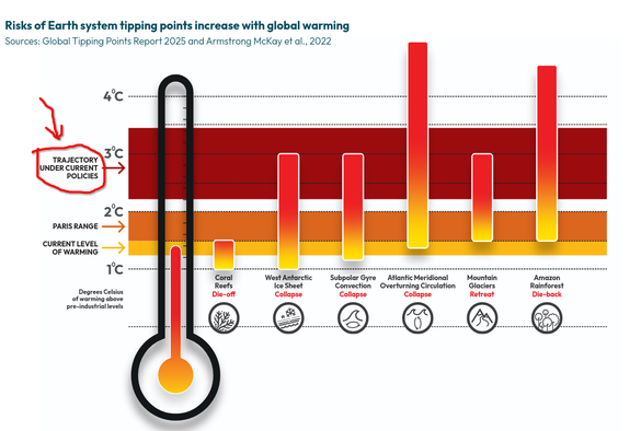 Risks of Earth system tipping points increase with global warming
Sources: Global Tipping Points Report 2025 and Armstrong McKay et al., 2022