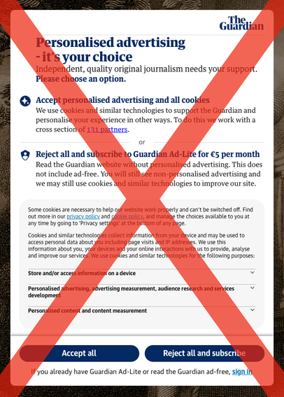 A screenshot of a 'Personalised advertising - it's your choice' cookie dialog at The Guardian, presenting a false choice between accepting all cookies and sharing your data with 131 partners, or rejecting them and subscribing to 'Guardian Ad-Lite' for €5 a month.