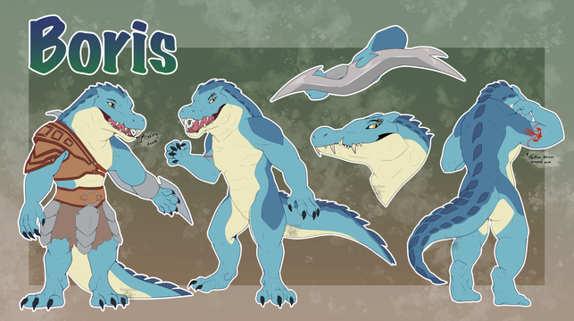 Reference sheet of a blue anthro crocodile