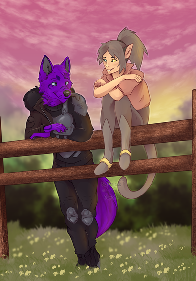 A human sitting on a fence looking at a anthro purple wolf who's leaning on the fence looking back at her