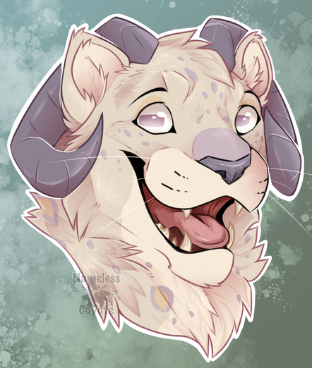 A goat x show leapoard character doing a big happy smile